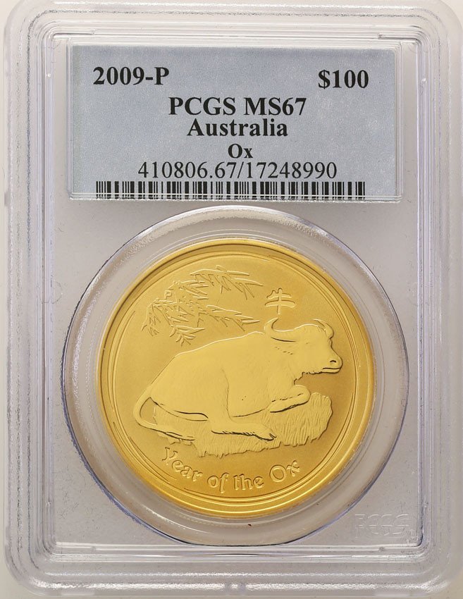 Australia. Elżbieta II. 100 dolarów 2009 Rok Wołu PCGS MS67
